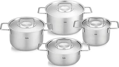 A set of four stainless steel pots with lids, arranged on a white background.