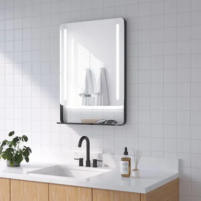 Produktbild von LED Spiegel mit Ablage Badezimmerspiegel mit Beleuchtung Antibeschlag 3 Farbtemperaturen Dimmbar Badspiegel Digitaluhr Lichtspiegel 50 x 70 cm
