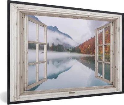 Produktbild von MuchoWow® Gerahmtes Poster Aussicht - Herbst - Wasser 90x60 cm - Poster mit Schwarzem Bilderrahmen Wandposter Rahmen Foto Bilder - Fotorahmen - Foto-Plakat