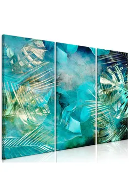 Produktbild von Italienischer Leinwand Leinwandbild - Turquoise and Gold (3 Parts) 90x60 cm Blätter b-C-0838-b-e