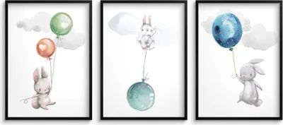 Zdjęcie produktu dla Plakaty dziecięce Królik i kolorowe balony Obrazy do pokoju dziecka 50x70
