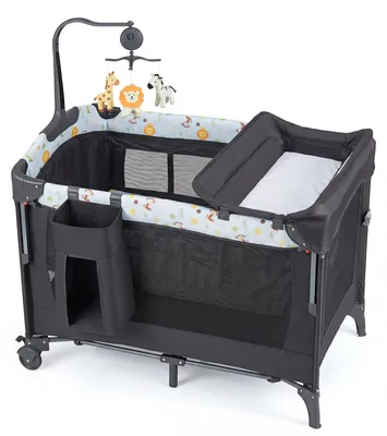 Produktbild von KOMFOTTEU 4 in 1 Babybett, Kinderreisebett mit Wickelauflage, Laufstall & Matratze, Reisebett auf Rollen mit Hängespielzeug & Musikbox, Beistellbett inkl. Tragetasche, für Kleinkind ab Geburt bis 15 kg