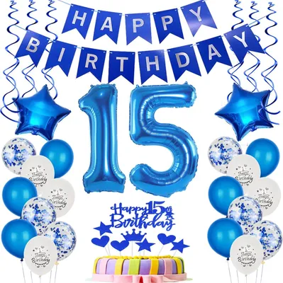 Obrázok produktu pre Fóliová balónová dekorácia na tortu Modrá, 15 rokov Narodeniny, Vrátane balónov, Happy Birthday banner