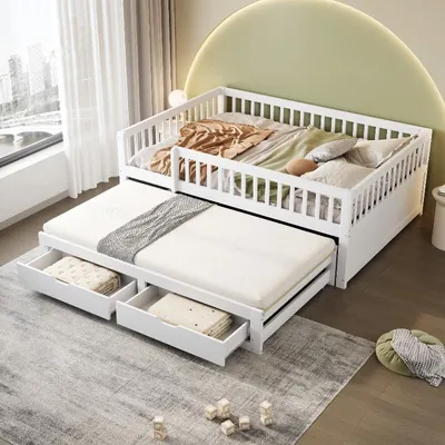 Produktbild von Massivholz Schlafsofa 140x200cm in Weiß mit Ausziehbett, 2 Schubladen, vollverkleidetem Sicherheitsgitter und Lattenrost