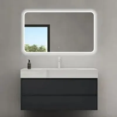 Produktbild von doporro Badmöbel Set mit Waschtisch Badezimmer Unterschrank Wandmontage Waschbeckenunterschrank Matt Anthrazit 120x48x63cm inkl. Waschbecken aus Mineralguss und LED-Badpiegel Deep