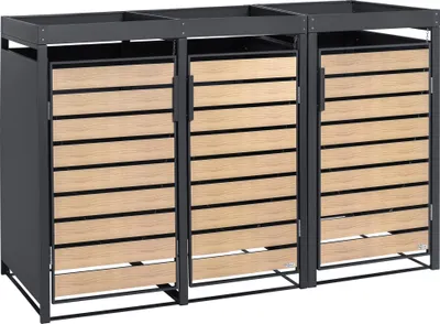 A three-unit trash bin enclosure with wooden-look front panels and a flat top.