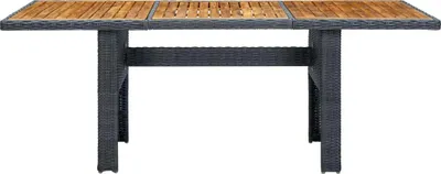 A rectangular outdoor dining table with a wooden slatted top and dark gray rattan-like base, shown from the front on a white background.