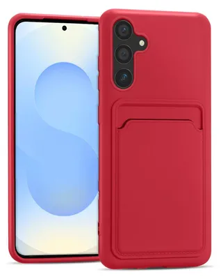 A red phone case with a card slot is shown next to a smartphone.