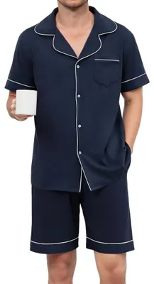 Immagine prodotto di Inovra - Pigiama da uomo in cotone - Pigiama corto - Set composto da due pezzi - Set per il tempo libero - Cordoncino regolabile - Elegante colletto a revers - Abbigliamento da casa