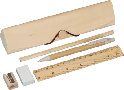 Produktbild von Schreibset aus Holz mit Lineal, Kugelschreiber, Radiergummi, Bleistift, Spitzer
