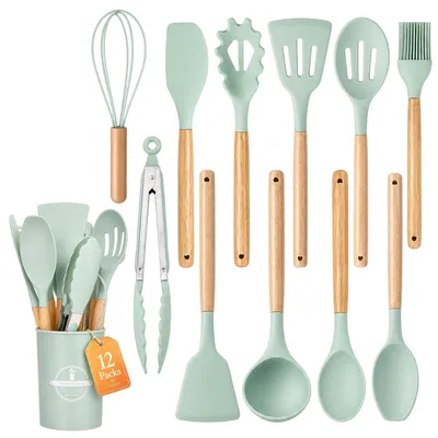 Produktbild von Kochen Sie mit dem 12-teiligen Set von Küchenhelfern aus Silikon mit Holzgriffen