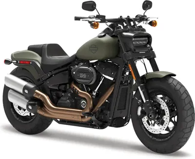 A studio shot of a green Harley Davidson Fat Bob 114 motorcycle against a white background.