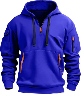 Obrázek produktu pro Mikiny pro muže čtvrt zip pulovr taktické mikiny vintage dlouhý rukáv neformální módní mikina s kapucí s kapsami, pánské, modrá, L