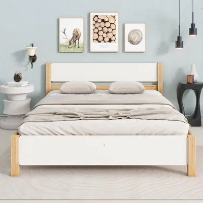 Produktbild von Fortuna Lai Doppelbett, Holzbett, Kiefernholzrahmen mit Mittelfuß, Jugendbett, Erwachsenenbett, mit Kopf- und Fußteil aus MDF, Weiß + Natur, 140x200 cm (ohne Matratze)
