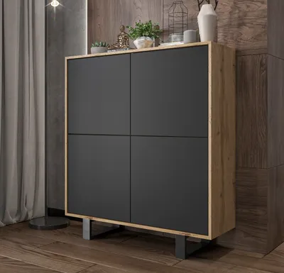 Obrázek produktu pro Komoda RTV ve stylu loft Dub Wotan Apollo 4D - Moderní - Nábytek Lindner - 113 cm , dva černé kovové rámy , Barva: dub Wotan matný - černá matná