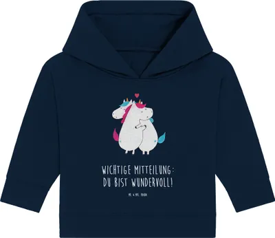 Produktbild von Mr. & Mrs. Panda Organic Baby Hoodie Einhorn Mitteilung 24. - 36. Monat - French Navy - Geschenk, Kapuzensweatshirt, Lustig, Unicorn, Spruch, Kapuzenshirt, Einhörner