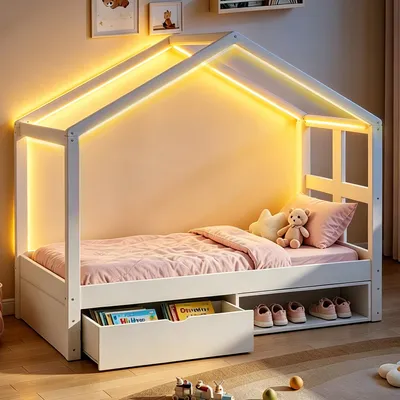 Immagine prodotto di Letto in legno 90x190 cm con illuminazione a LED, cassetto e spazio per scarpe, rete a doghe, letto singolo per ragazzi, legno di pino, portata massima 120 kg, colore bianco