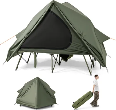 Immagine prodotto di Lettino da campeggio COSTWAY con tenda per 2 persone, lettino da campeggio con copertura antipioggia, 2 porte a rete, finestra e borsa avvolgibile, lettino da campeggio fino a 300 kg, 204x128x161cm