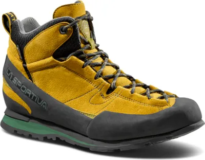 Gelbe Boulder X Mid GTX Zustiegsschuhe von La Sportiva mit grauen Akzenten und grünem Sohlenbereich.