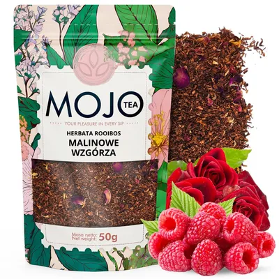 Zdjęcie produktu dla Herbata Mojo Tea Rooibos Malinowe Wzgórza 50g - sypka aromatyzowana herbata rooibos z malinami - bezkofeinowa, owocowa i łagodna