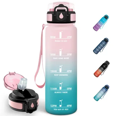 Produktbild von Trinkflasche 1L BPA-frei, Mulbijeo Wasserflasche mit Strohhalm, Auslaufsicher,