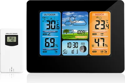 Produktbild von Kabelloses Innen-/Aussenthermometer, Wetterstation mit Atomuhr, USB 197FT (60M) Hochpraezises Temperatur-/Feuchtigkeitsmessgeraet, Wetterthermometer mit HD-Farbdisplay und Barometer