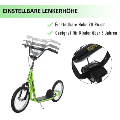 Image de Scooter pour enfants 371-021YG, kickboard pour enfants avec pneus et frein à main, pour enfants à partir de 5 ans, vert, 139 x 58 x 90-96 cm