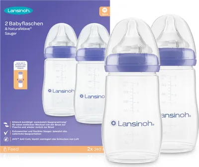 A product package for Lansinoh baby bottles and nipples, with two bottles visible.