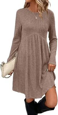 Damen Strick Midi Kleid mit langen Ärmeln, Rundhalsausschnitt, eleganten Streifen und praktischen Taschen für Herbst und