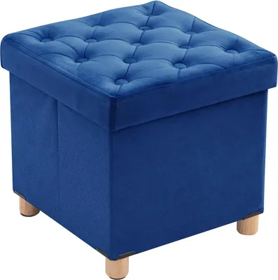 Produktbild von Faltbarer Hocker aus Samt mit Stauraum und Deckel, Holzbeine, 40 x 40 x 40 cm, blau