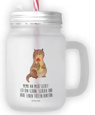 Produktbild von Mr. & Mrs. Panda Cocktailglas Otter Blumenstrauß - Transparent - Geschenk, Glas Mit Deckel Und Strohhalm, Trinkgefäß, Selbstvertrauen, Positiv, Selbstliebe, Trinkglas