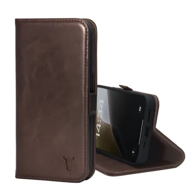 A brown leather iPhone case is shown open, with the phone inside.