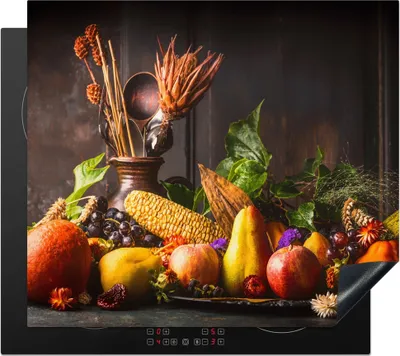 Produktbild von KitchenYeah© Herdabdeckplatte Gemüse - Obst - Rustikal - Tisch , 58x51cm, Küche Deko, Glaskeramikkochfeld Herdabdeckung, Abdeckplatte fùr Kochfeld