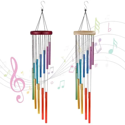 Image de Windspiel, lot de 2, avec 24 tubes en métal, couleurs arc-en-ciel, 61 cm, aluminium et bois