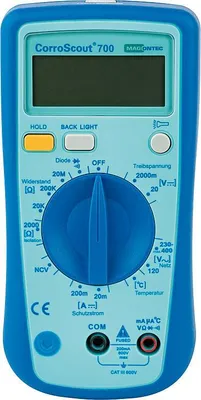 A front view of a blue and light blue digital multimeter.