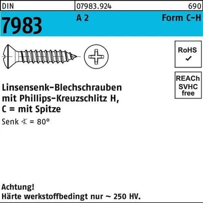 Produktbild von Linsensenkblechschraube DIN 7983 m.Kreuzschlitz-PH C 6,3 x 19 -H A 2