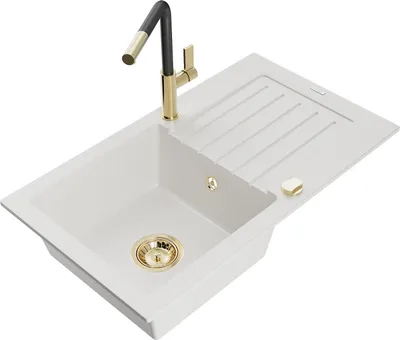 Produktbild von Mexen Pablo 1 Becken-Granitspüle mit Abtropffläche und Mischbatterie Flora, Weiß - 6510-20-670401-57-G