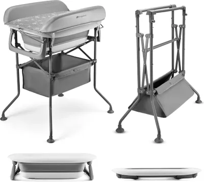 Immagine prodotto di Kinderkraft BUBBLY vasca da bagno per bambini con telaio, vasca da bagno per bambini pieghevole, ripiano per fasciatoio in un set, montaggio facile e veloce, grigio