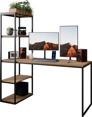 Produktbild von MIRJAN24 Schreibtisch Arne, Computertisch mit Regal, Vierkantrohrrahmen aus Stahl, 152x64x160 cm (Farbe: Schwarz / Eiche Craft Gold)