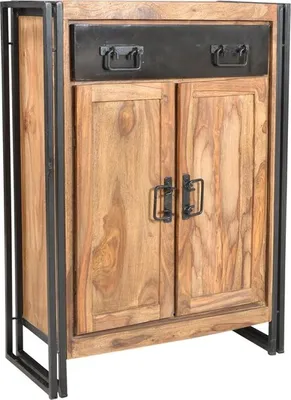 A product shot of a wooden highboard with a metal frame and drawer.