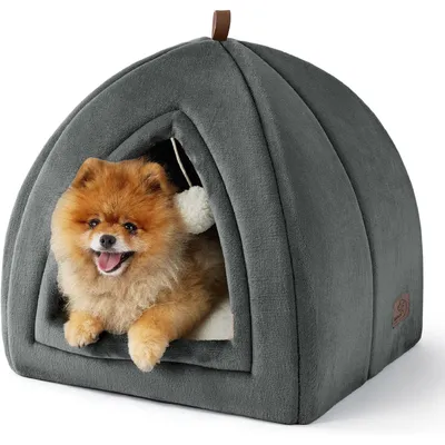 Image de Cachette pliable pour chat, couleur gris foncé, dimensions 44x44x44 cm, en flanelle, avec coussin lavable et balle de jeu