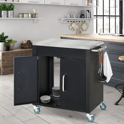 Produktbild von Küchenwagen mit Rollen, Servierwagen Outdoor, Rollwagen Edelstahl mit Schrank und Haken, Schwarz | 86 x 50 x 86,5 cm | 13,5 kg | pulverbeschichtet
