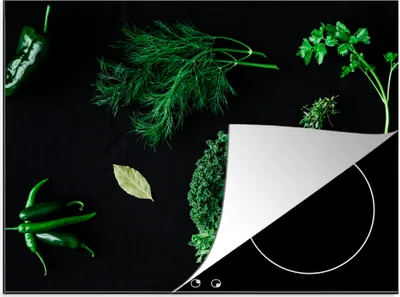 Produktbild von KitchenYeah© Herdabdeckplatte Gewürze und Kräuter auf schwarzem Hintergrund , 71x52cm, Küche Deko, Glaskeramikkochfeld Herdabdeckung, Abdeckplatte fùr Kochfeld