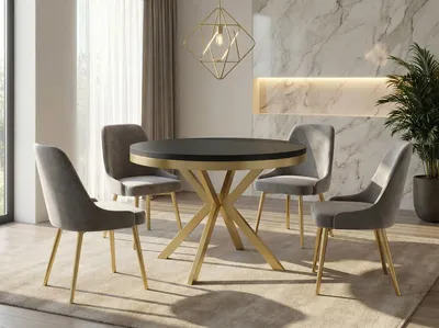 Produktbild von Runder Ausziehbarer Esstisch - Loft Style Tisch mit Goldenen Metallbeinen - 90 bis 170 cm - Industrieller Tisch für Wohnzimmer - Kompakt - 90 cm - Schwarz