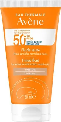 A close-up studio shot of an orange tube of Avène tinted fluid sunscreen.