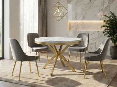 Produktbild von Runder Ausziehbarer Esstisch in Weißer Marmoroptik - Loft Style Tisch mit Goldenen Metallbeinen - 90 bis 170 cm - Industrieller Tisch für Wohnzimmer - Kompakt - 90 cm - Marmor Weiß