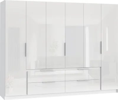 Produktbild von Kleiderschrank "Luano" in weiß mit 4 Schubladen und 6 Türen. Abmessungen (BxHxT) 269,7x210,5x60 cm