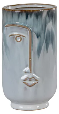 Imagen del producto de Jarrón de porcelana bitonal azul con rostro en relieve, ø9x17 cm