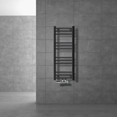 Produktbild von LuxeBath Badheizkörper Mittelanschluss 300 x 800 mm Anthrazit gerade mit Thermostat und Anschlussgarnitur Eck Wand - Heizkörper Heizung, ohne Heizstab