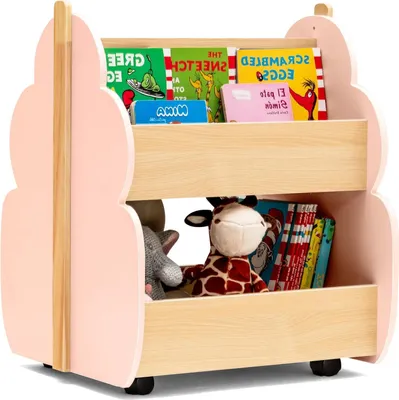 Image de Bibliothèque en bois pour enfants avec roulettes, 2 niveaux, rose